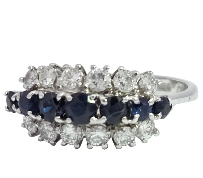 Vintage: 18ct White Gold Sapphire 0.69ct & Diamond 0.56ct Three Row Dress Ring — From 1977