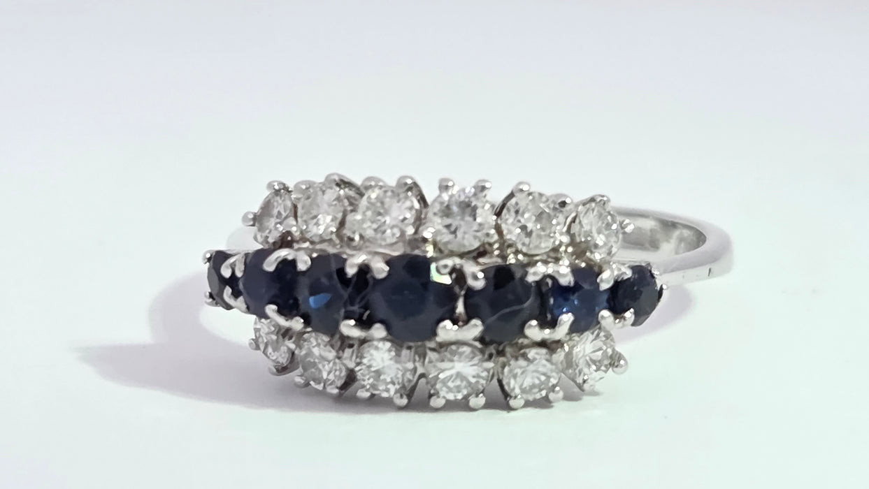 Vintage: 18ct White Gold Sapphire 0.69ct & Diamond 0.56ct Three Row Dress Ring — From 1977