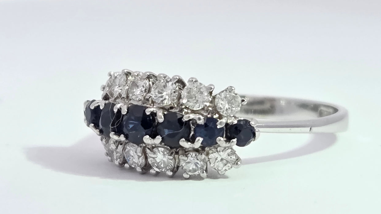 Vintage: 18ct White Gold Sapphire 0.69ct & Diamond 0.56ct Three Row Dress Ring — From 1977