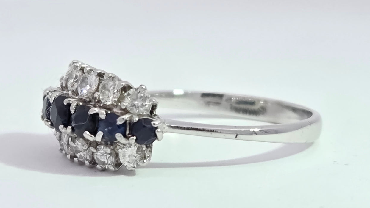Vintage: 18ct White Gold Sapphire 0.69ct & Diamond 0.56ct Three Row Dress Ring — From 1977