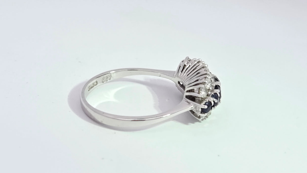 Vintage: 18ct White Gold Sapphire 0.69ct & Diamond 0.56ct Three Row Dress Ring — From 1977