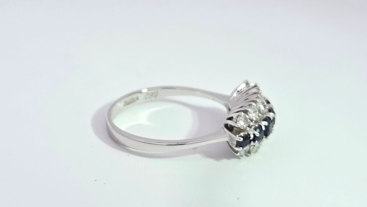 Vintage: 18ct White Gold Sapphire 0.69ct & Diamond 0.56ct Three Row Dress Ring — From 1977