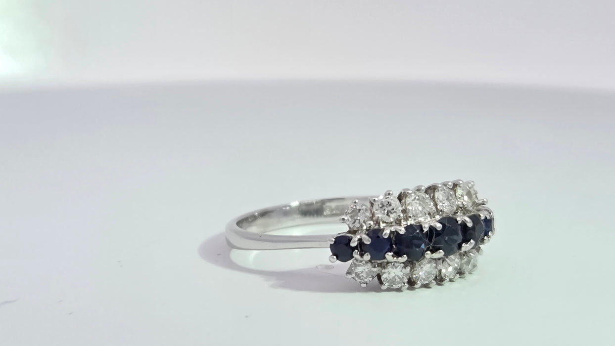 Vintage: 18ct White Gold Sapphire 0.69ct & Diamond 0.56ct Three Row Dress Ring — From 1977