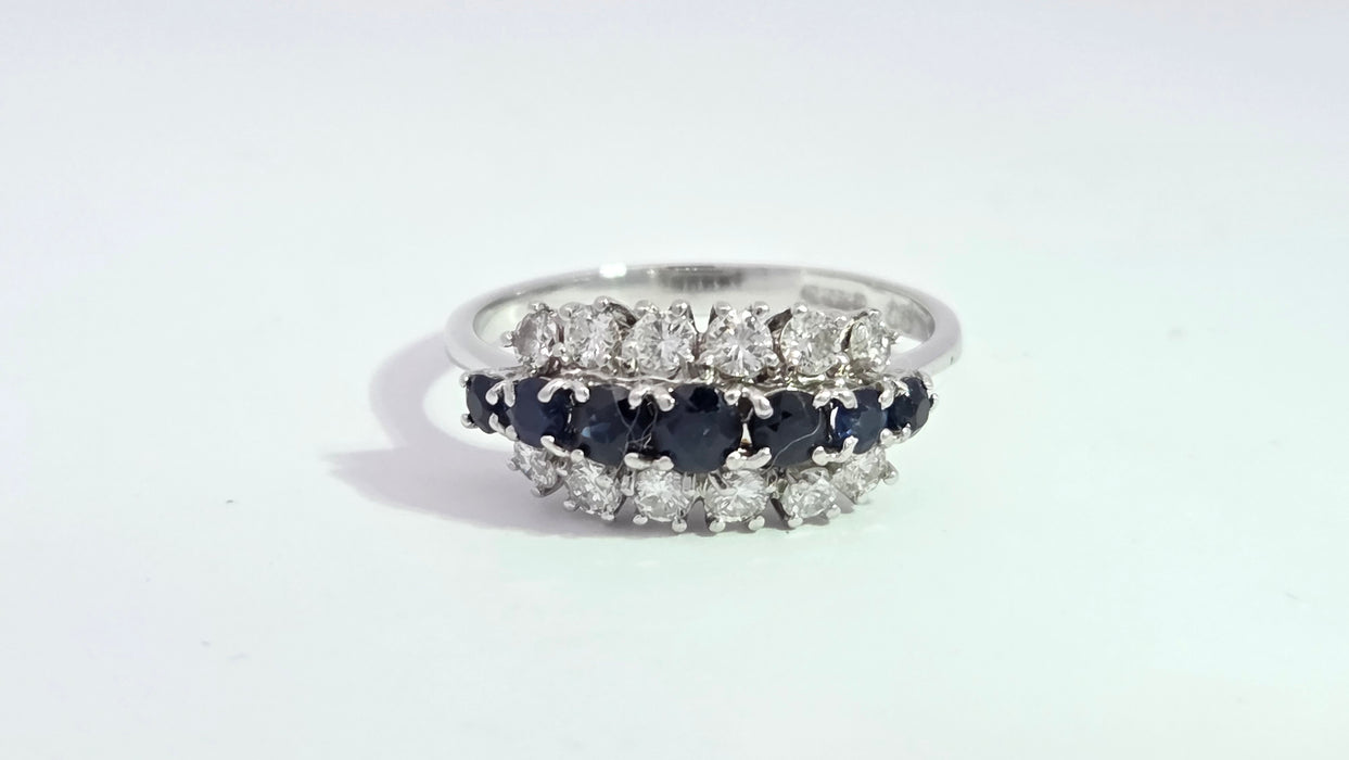 Vintage: 18ct White Gold Sapphire 0.69ct & Diamond 0.56ct Three Row Dress Ring — From 1977