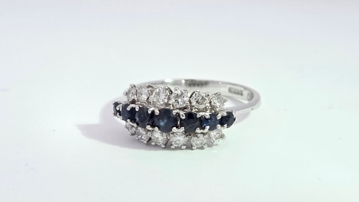 Vintage: 18ct White Gold Sapphire 0.69ct & Diamond 0.56ct Three Row Dress Ring — From 1977