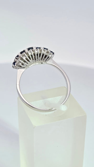 Vintage: 18ct White Gold Sapphire 0.69ct & Diamond 0.56ct Three Row Dress Ring — From 1977