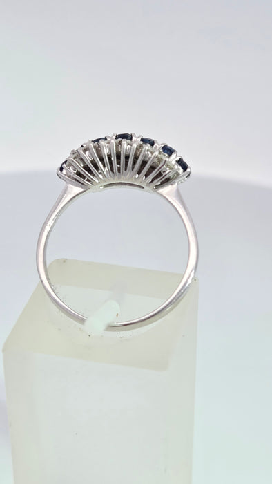 Vintage: 18ct White Gold Sapphire 0.69ct & Diamond 0.56ct Three Row Dress Ring — From 1977