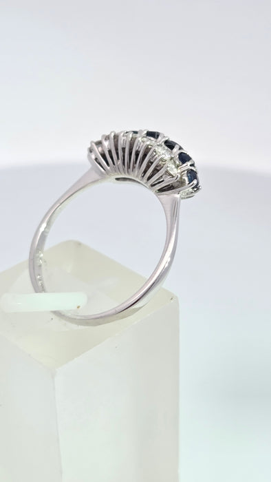 Vintage: 18ct White Gold Sapphire 0.69ct & Diamond 0.56ct Three Row Dress Ring — From 1977
