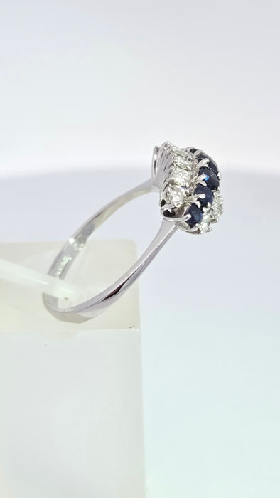 Vintage: 18ct White Gold Sapphire 0.69ct & Diamond 0.56ct Three Row Dress Ring — From 1977
