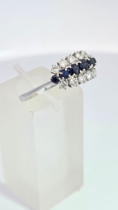Vintage: 18ct White Gold Sapphire 0.69ct & Diamond 0.56ct Three Row Dress Ring — From 1977