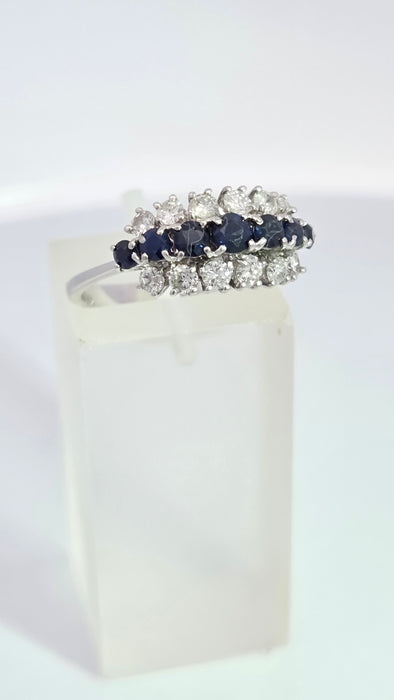 Vintage: 18ct White Gold Sapphire 0.69ct & Diamond 0.56ct Three Row Dress Ring — From 1977