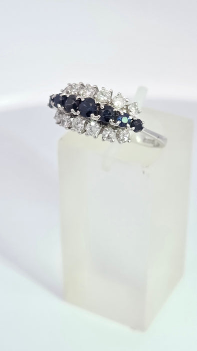 Vintage: 18ct White Gold Sapphire 0.69ct & Diamond 0.56ct Three Row Dress Ring — From 1977