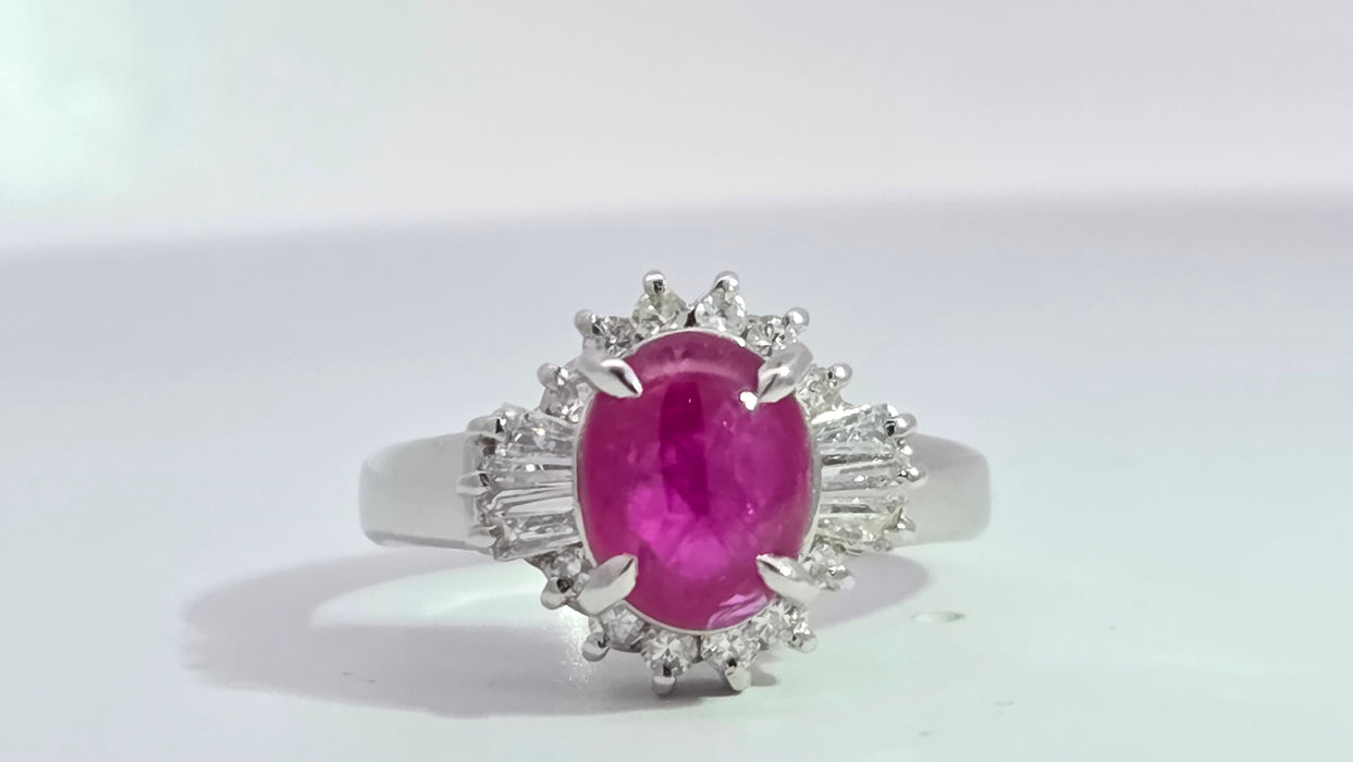 Vintage: Platinum Cabochon Ruby 1.71ct & Diamond 0.40ct Oval Dress Ring