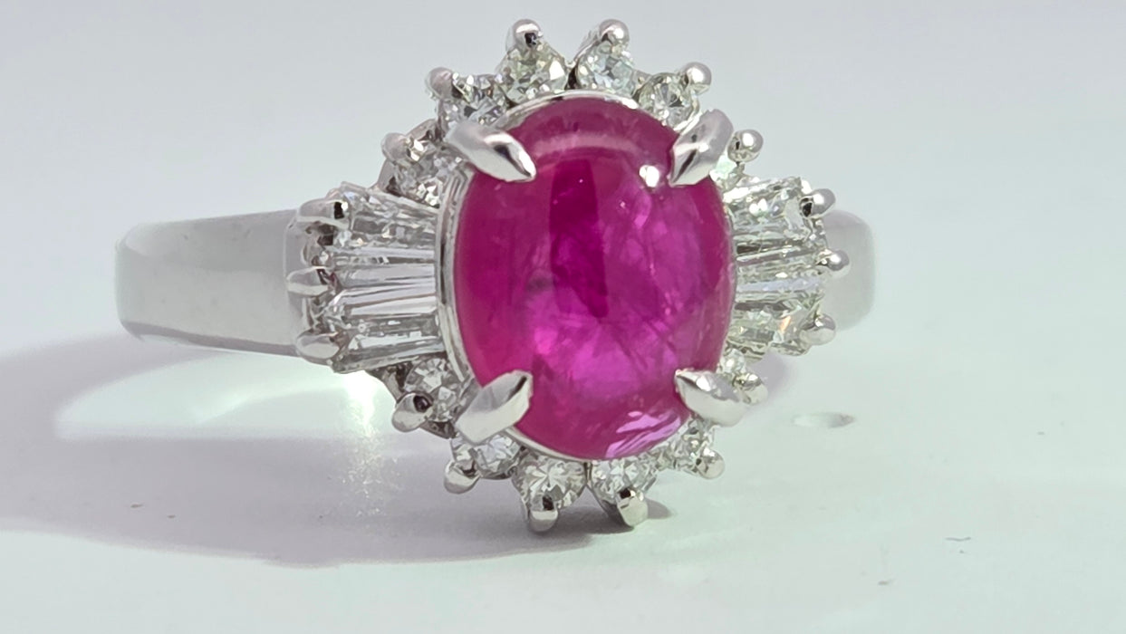 Vintage: Platinum Cabochon Ruby 1.71ct & Diamond 0.40ct Oval Dress Ring
