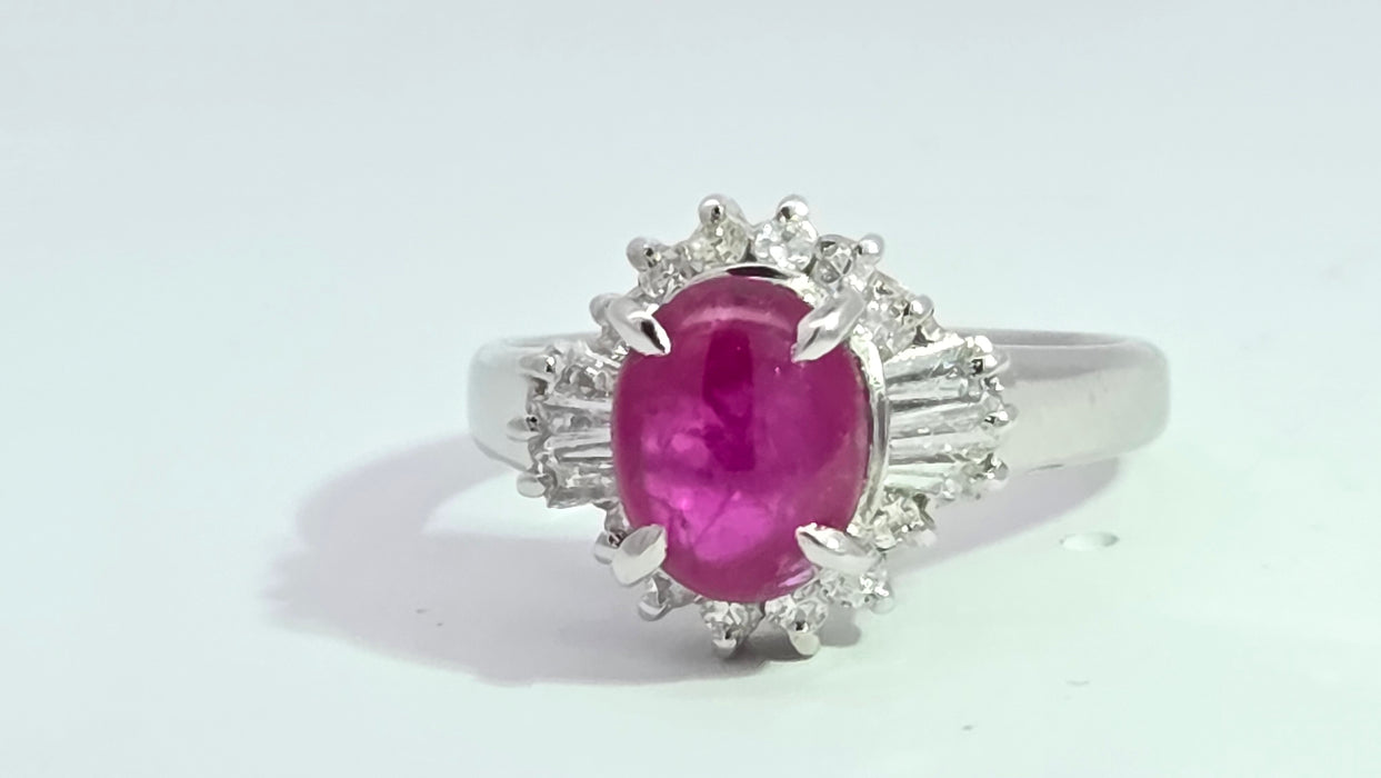 Vintage: Platinum Cabochon Ruby 1.71ct & Diamond 0.40ct Oval Dress Ring