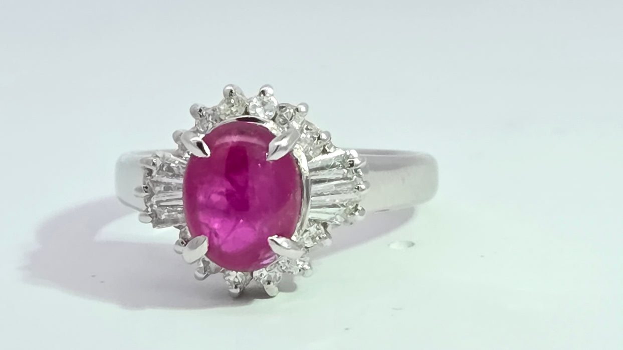 Vintage: Platinum Cabochon Ruby 1.71ct & Diamond 0.40ct Oval Dress Ring