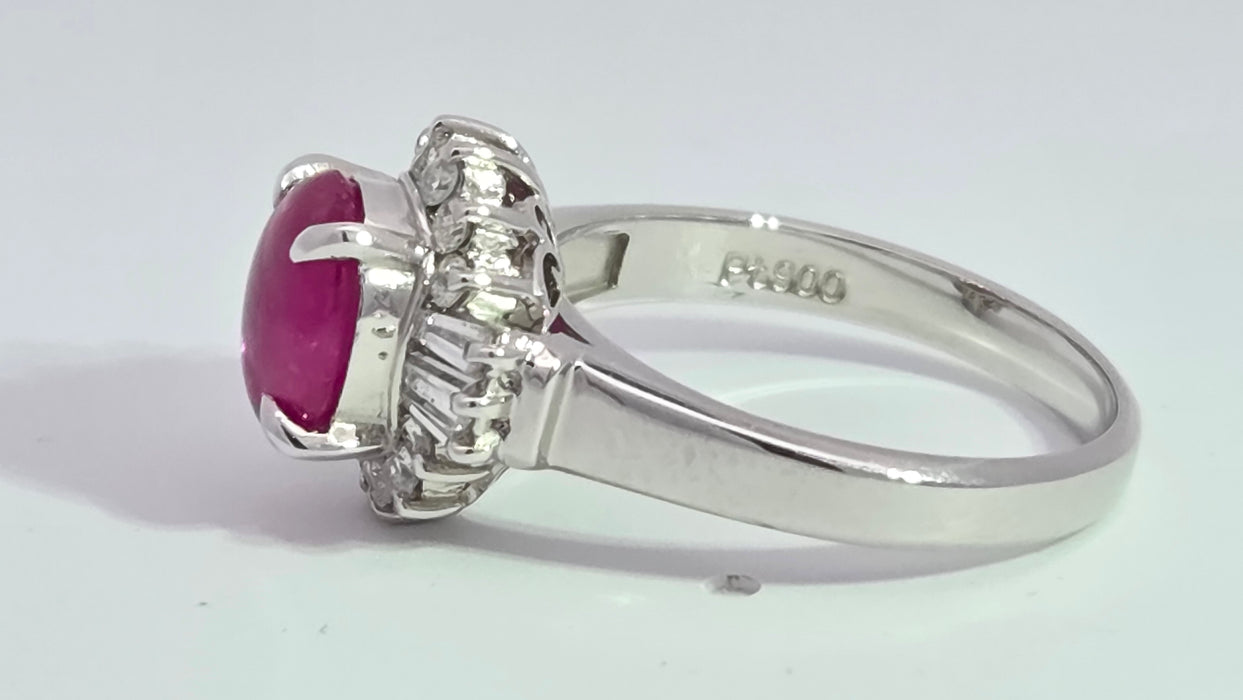 Vintage: Platinum Cabochon Ruby 1.71ct & Diamond 0.40ct Oval Dress Ring