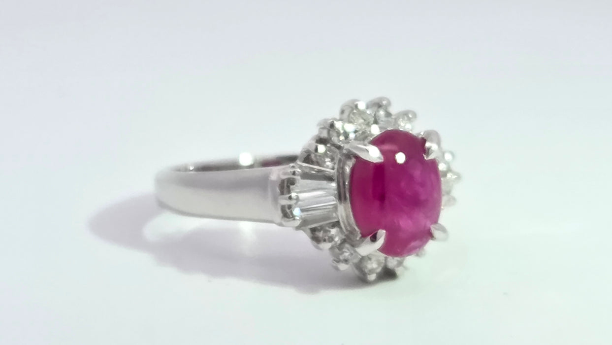 Vintage: Platinum Cabochon Ruby 1.71ct & Diamond 0.40ct Oval Dress Ring