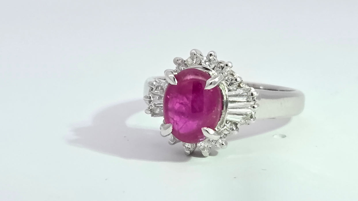 Vintage: Platinum Cabochon Ruby 1.71ct & Diamond 0.40ct Oval Dress Ring