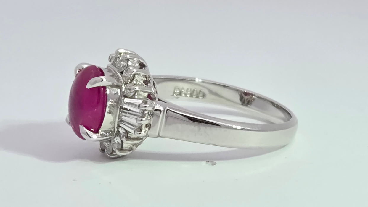 Vintage: Platinum Cabochon Ruby 1.71ct & Diamond 0.40ct Oval Dress Ring