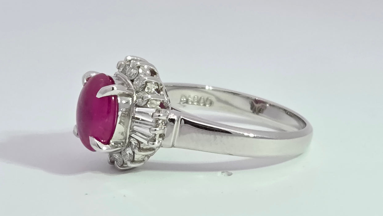 Vintage: Platinum Cabochon Ruby 1.71ct & Diamond 0.40ct Oval Dress Ring