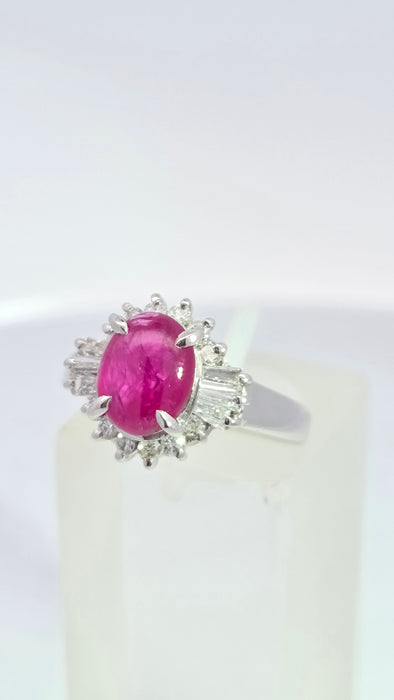 Vintage: Platinum Cabochon Ruby 1.71ct & Diamond 0.40ct Oval Dress Ring