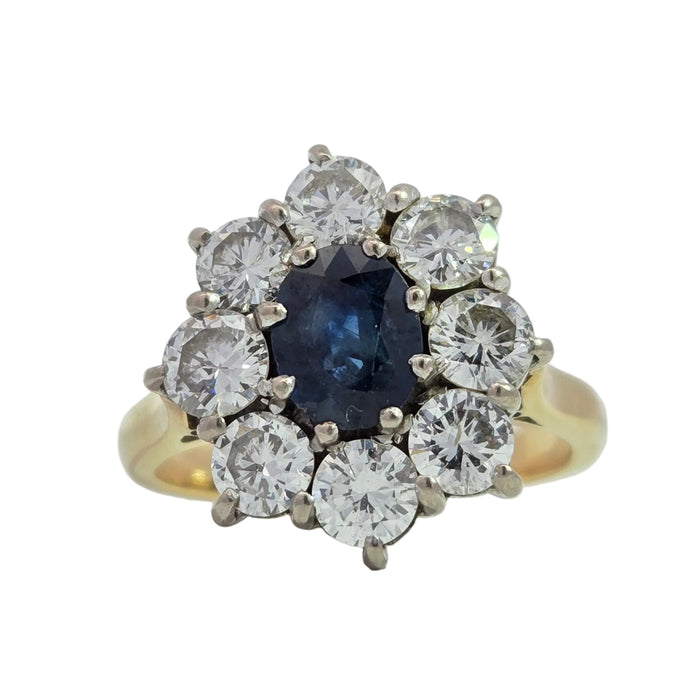 Vintage: 18ct Yellow Gold Sapphire 1.02ct & Diamond 2.00ct Oval Cluster Ring