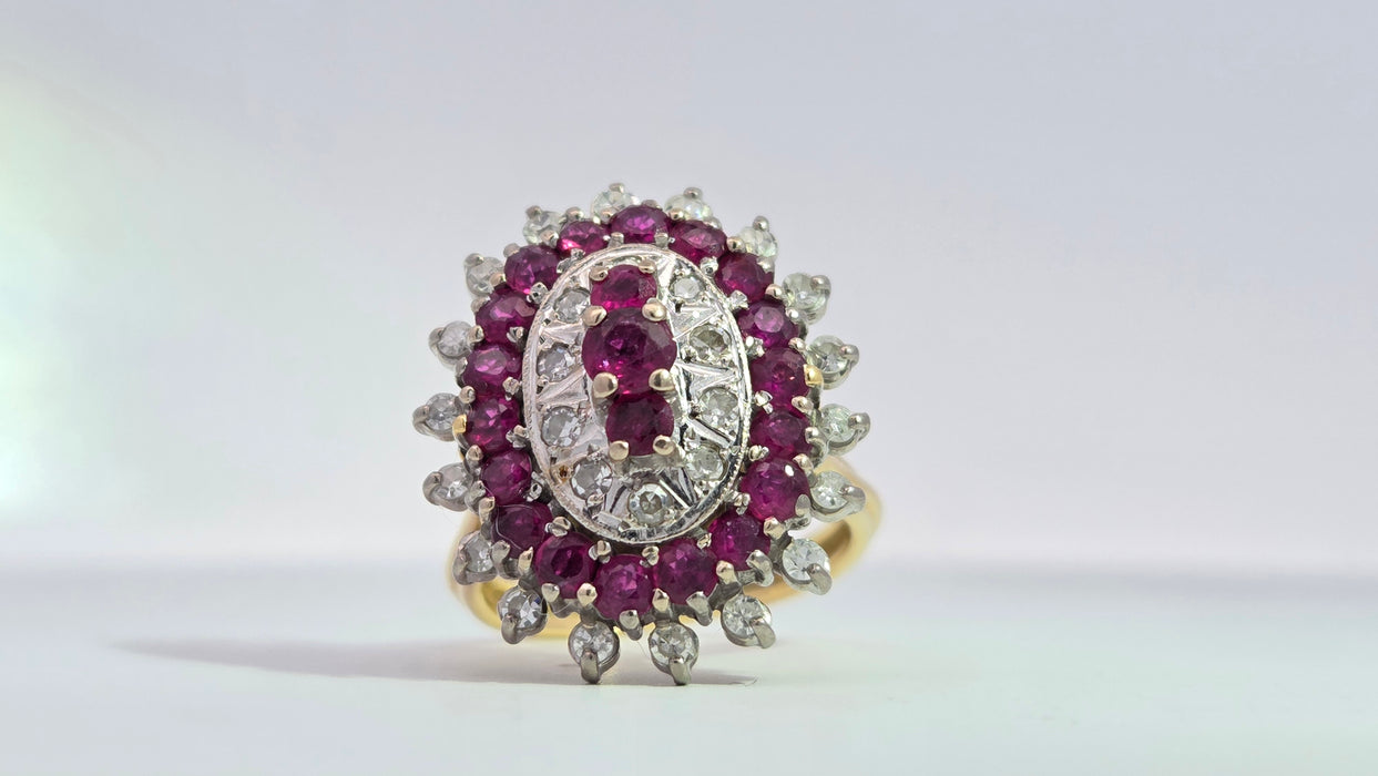 Vintage: 18ct Yellow Gold Ruby 1.53ct & Diamond 0.47ct Oval Four Tier Dress Ring — From 1978