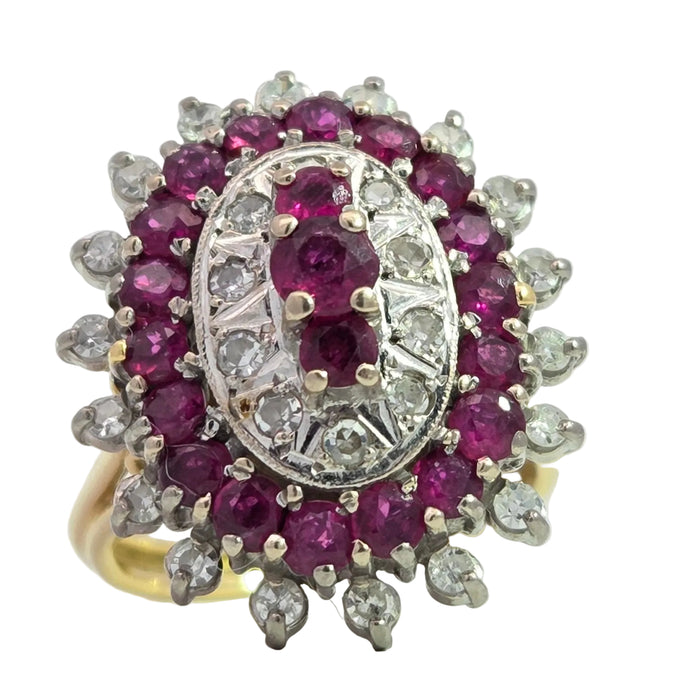 Vintage: 18ct Yellow Gold Ruby 1.53ct & Diamond 0.47ct Oval Four Tier Dress Ring — From 1978