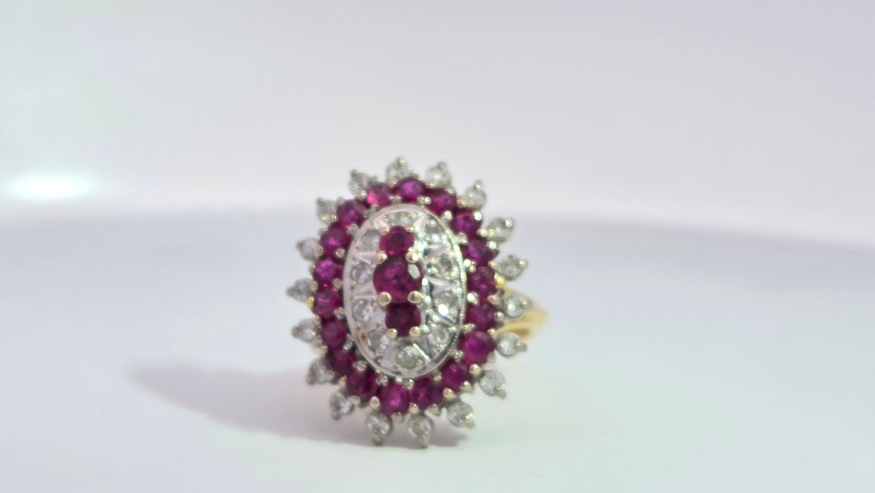 Vintage: 18ct Yellow Gold Ruby 1.53ct & Diamond 0.47ct Oval Four Tier Dress Ring — From 1978