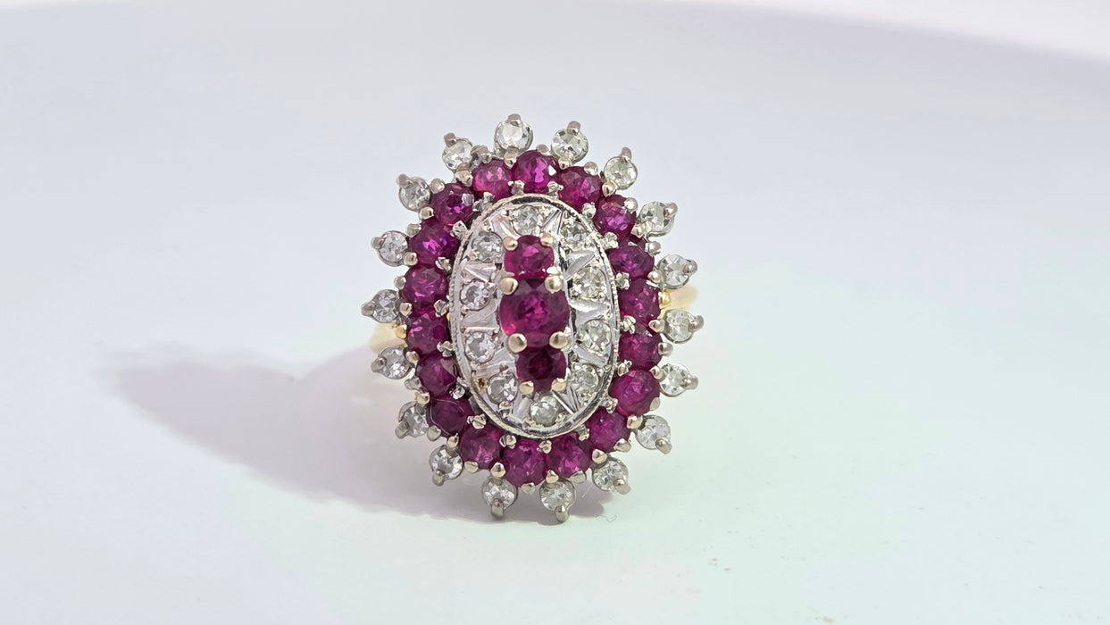 Vintage: 18ct Yellow Gold Ruby 1.53ct & Diamond 0.47ct Oval Four Tier Dress Ring — From 1978
