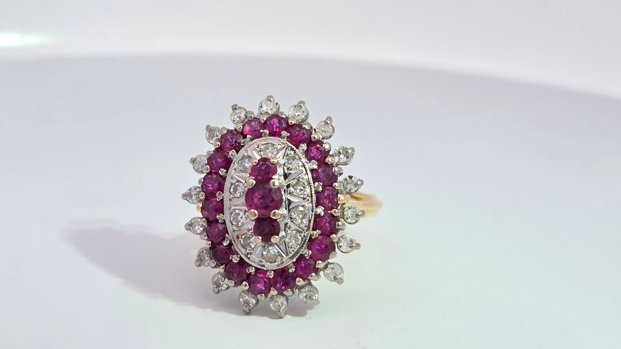Vintage: 18ct Yellow Gold Ruby 1.53ct & Diamond 0.47ct Oval Four Tier Dress Ring — From 1978