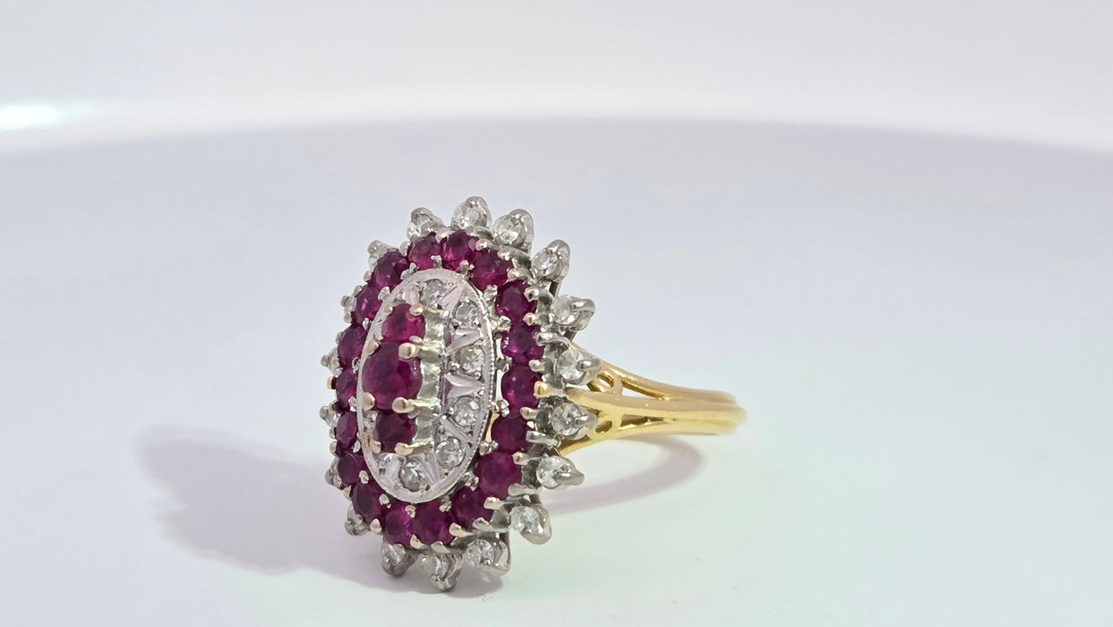 Vintage: 18ct Yellow Gold Ruby 1.53ct & Diamond 0.47ct Oval Four Tier Dress Ring — From 1978