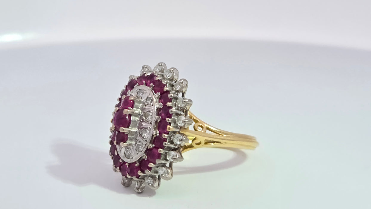 Vintage: 18ct Yellow Gold Ruby 1.53ct & Diamond 0.47ct Oval Four Tier Dress Ring — From 1978