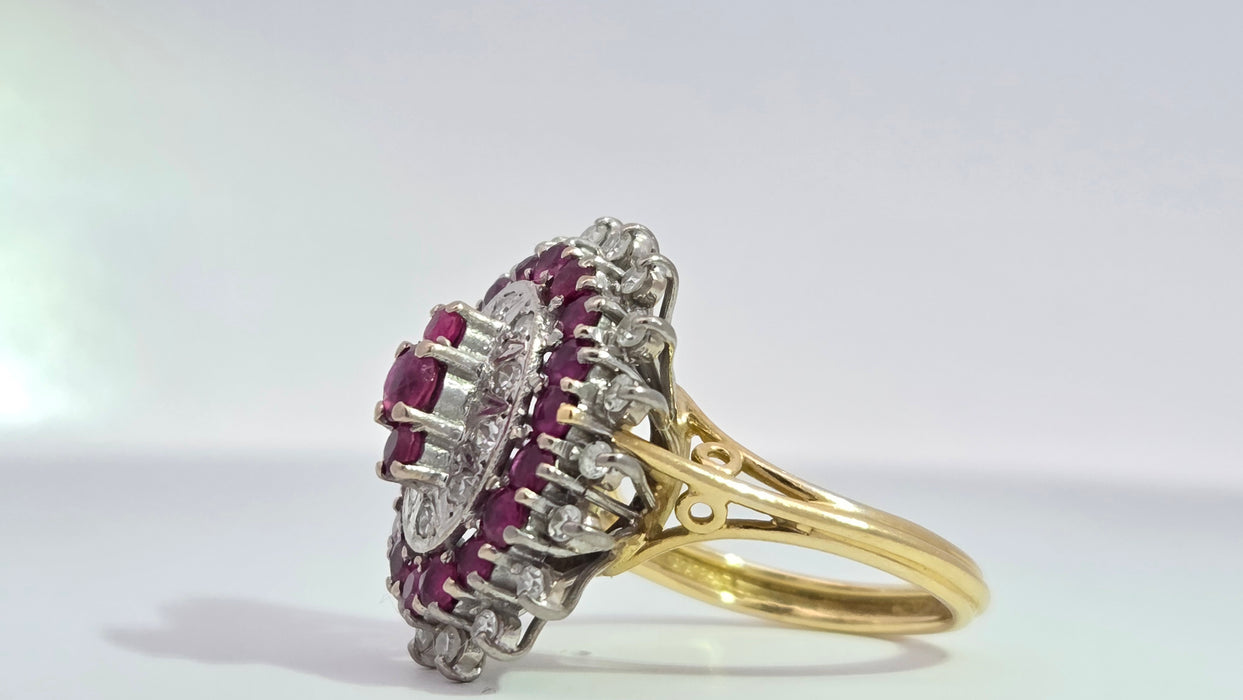 Vintage: 18ct Yellow Gold Ruby 1.53ct & Diamond 0.47ct Oval Four Tier Dress Ring — From 1978