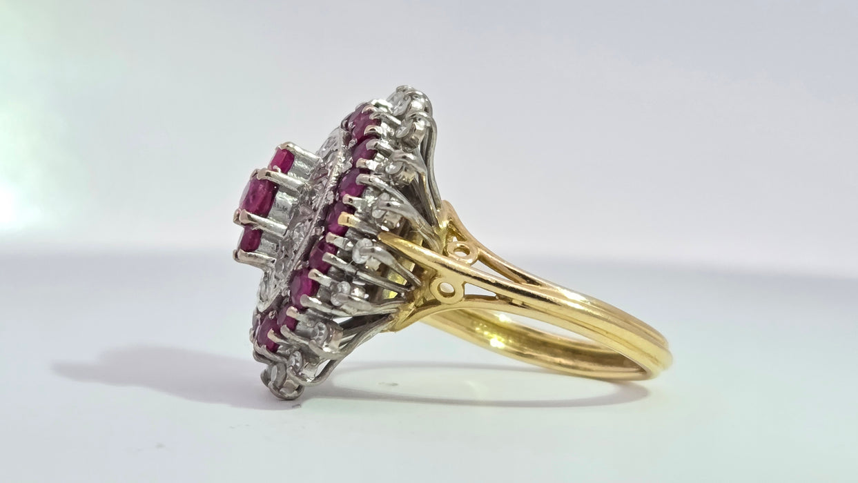 Vintage: 18ct Yellow Gold Ruby 1.53ct & Diamond 0.47ct Oval Four Tier Dress Ring — From 1978