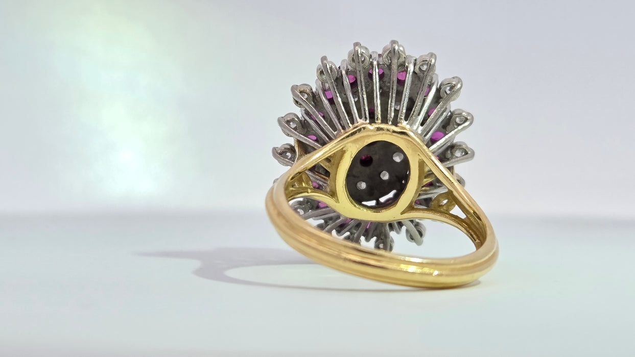 Vintage: 18ct Yellow Gold Ruby 1.53ct & Diamond 0.47ct Oval Four Tier Dress Ring — From 1978