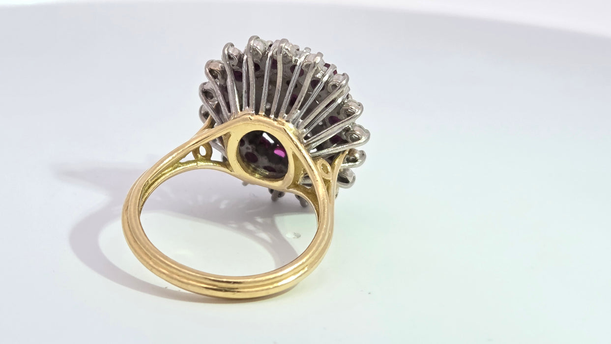 Vintage: 18ct Yellow Gold Ruby 1.53ct & Diamond 0.47ct Oval Four Tier Dress Ring — From 1978