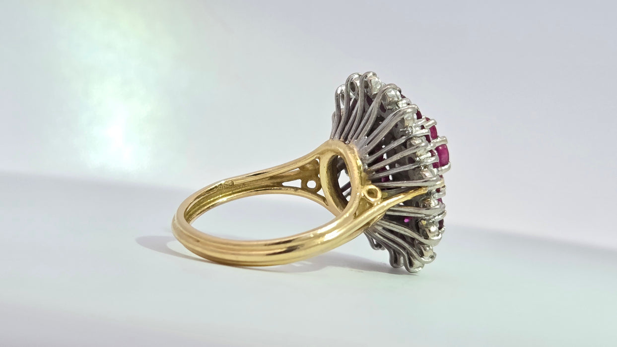 Vintage: 18ct Yellow Gold Ruby 1.53ct & Diamond 0.47ct Oval Four Tier Dress Ring — From 1978