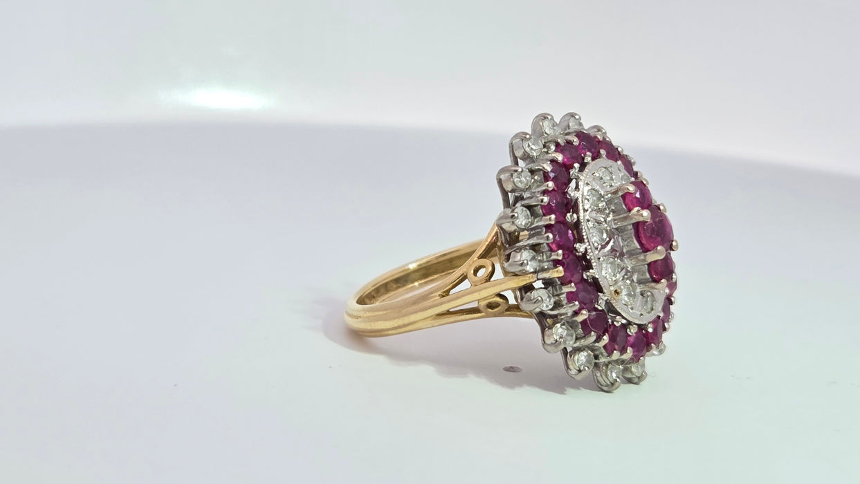 Vintage: 18ct Yellow Gold Ruby 1.53ct & Diamond 0.47ct Oval Four Tier Dress Ring — From 1978