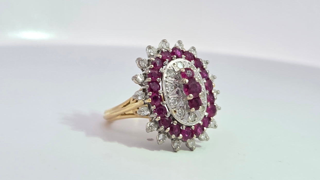 Vintage: 18ct Yellow Gold Ruby 1.53ct & Diamond 0.47ct Oval Four Tier Dress Ring — From 1978