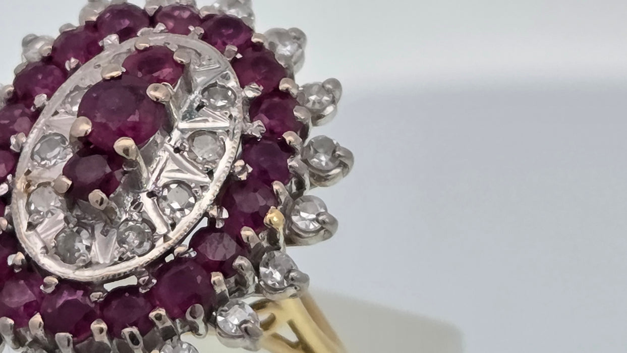 Vintage: 18ct Yellow Gold Ruby 1.53ct & Diamond 0.47ct Oval Four Tier Dress Ring — From 1978