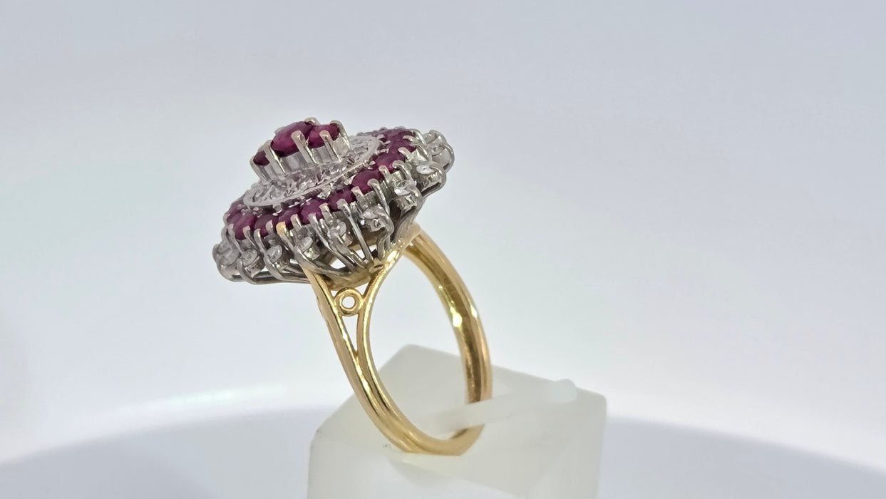 Vintage: 18ct Yellow Gold Ruby 1.53ct & Diamond 0.47ct Oval Four Tier Dress Ring — From 1978