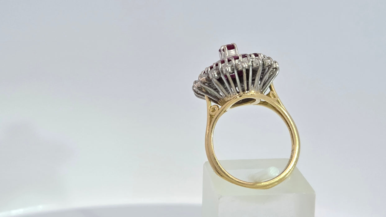 Vintage: 18ct Yellow Gold Ruby 1.53ct & Diamond 0.47ct Oval Four Tier Dress Ring — From 1978
