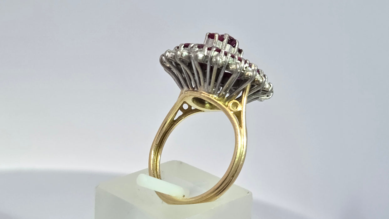 Vintage: 18ct Yellow Gold Ruby 1.53ct & Diamond 0.47ct Oval Four Tier Dress Ring — From 1978
