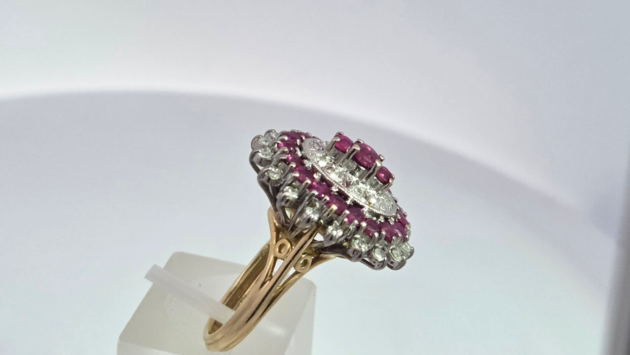Vintage: 18ct Yellow Gold Ruby 1.53ct & Diamond 0.47ct Oval Four Tier Dress Ring — From 1978