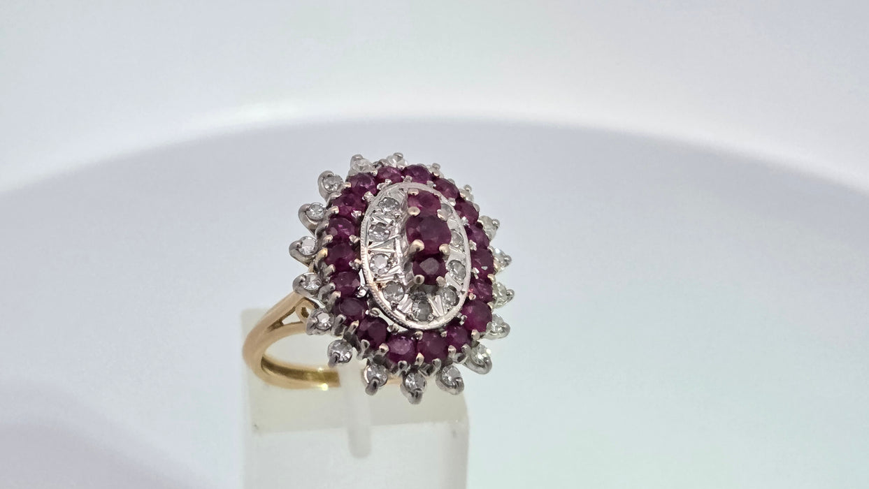 Vintage: 18ct Yellow Gold Ruby 1.53ct & Diamond 0.47ct Oval Four Tier Dress Ring — From 1978