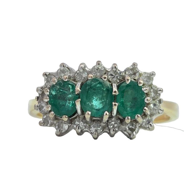 Vintage: 18ct Yellow Gold Emerald 0.75ct & Diamond 0.18ct Trilogy Cluster Ring — From 1980