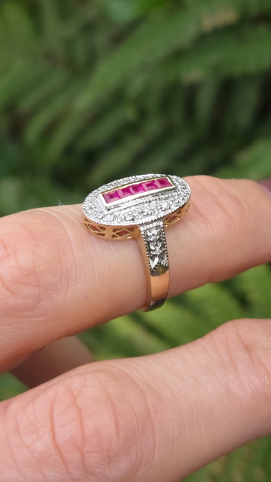 Vintage: 9ct Yellow Gold Ruby 0.35ct & 16-Diamond Art Deco Style Panel Ring