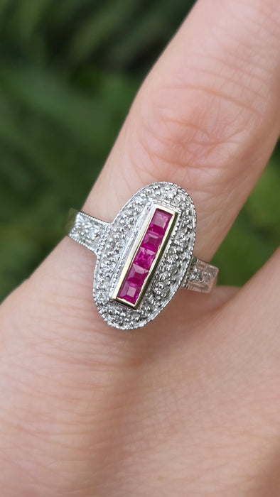 Vintage: 9ct Yellow Gold Ruby 0.35ct & 16-Diamond Art Deco Style Panel Ring